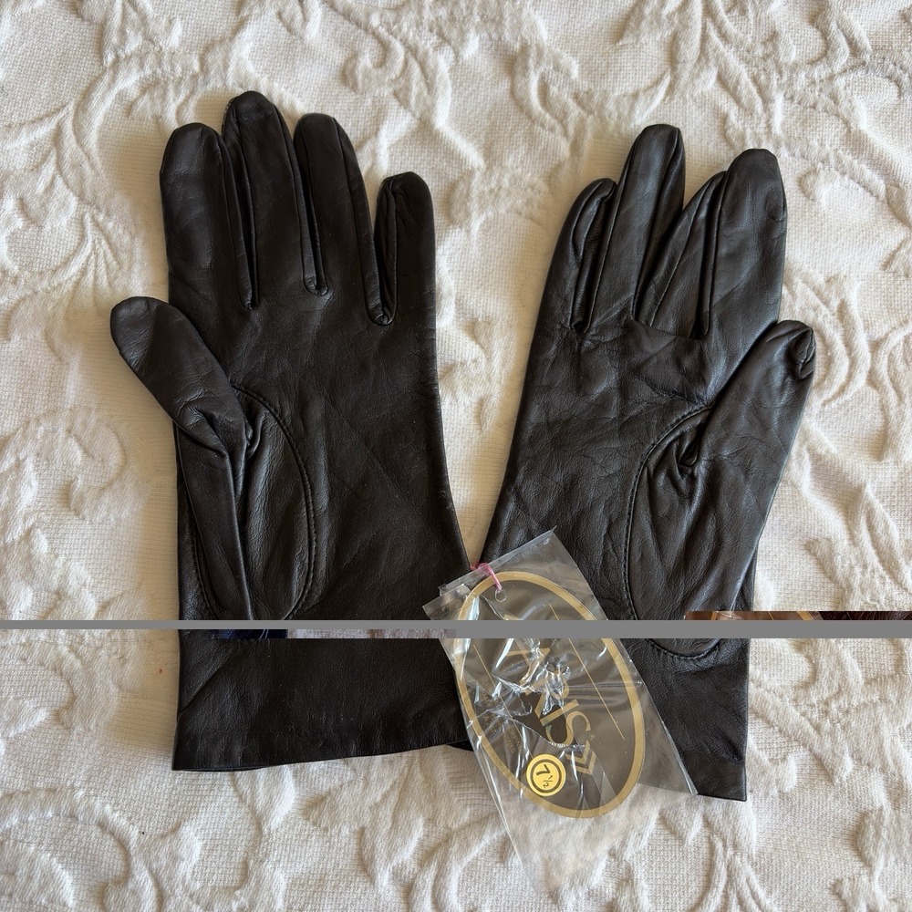 Vintage ARIS Black‎ Leather Gloves Women's Size 7.5 Antron Nylon Lined NOS New